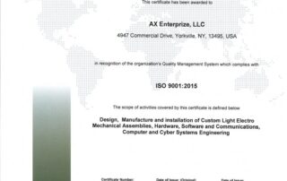 a photo of a certificate that was given to AX Enterprize for registration of Quality Management Systems